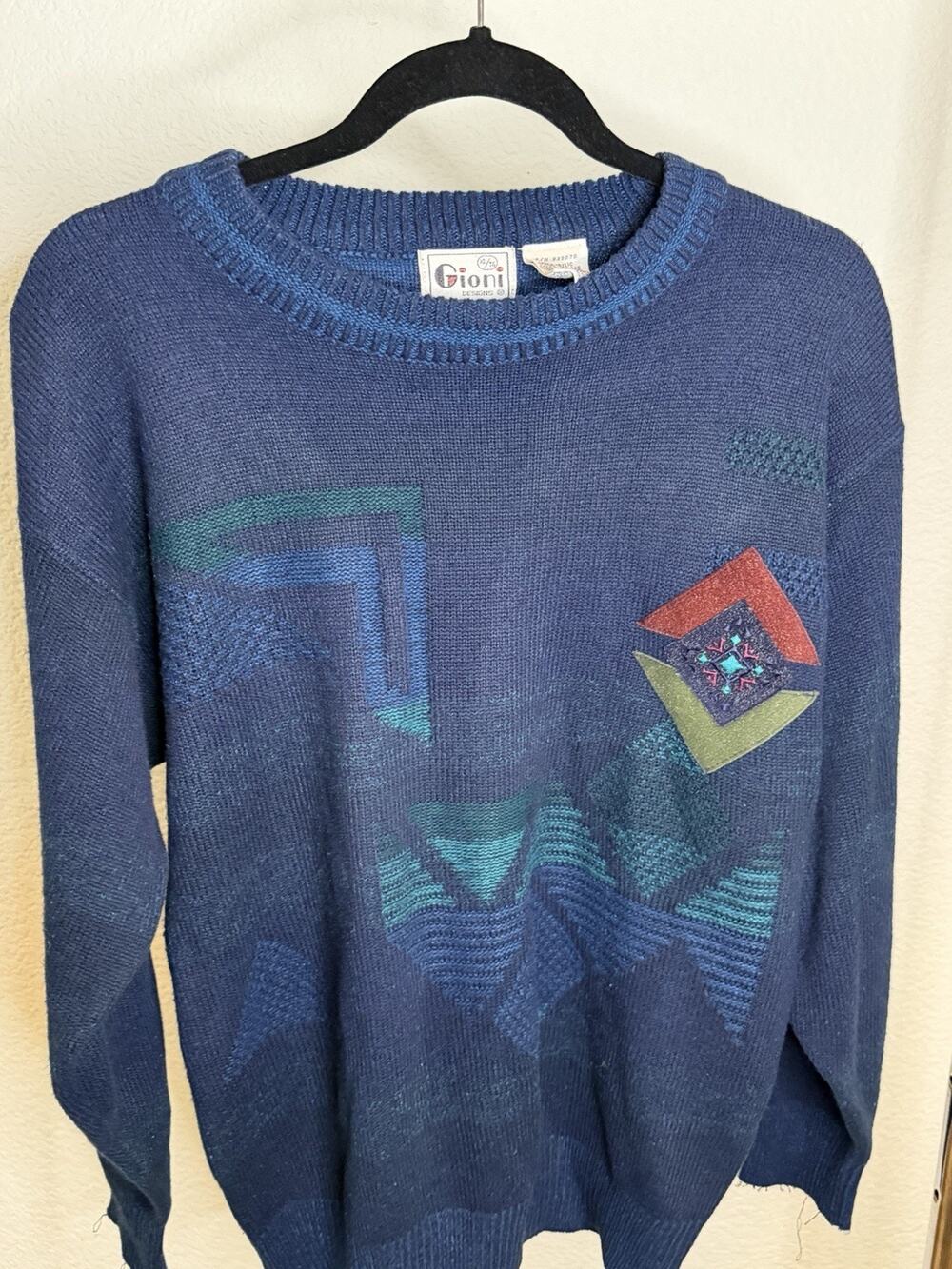 Vintage Gioni Designs Sweater Men’s XL Blue Abstract Geometric 80s 90s Korea